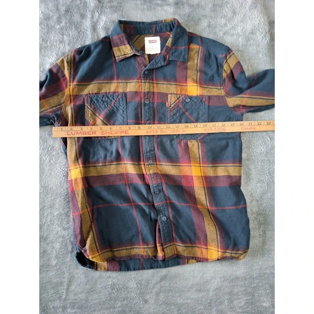 Levis Shirt Mens Medium‎ Red Orane Button Madras Plaid Flannel Long Sleeve